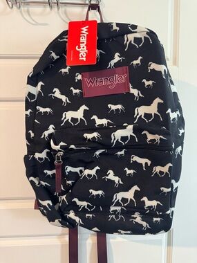 Wrangler Black Backpack with White Horse Print and Burgundy Accents - NWT
